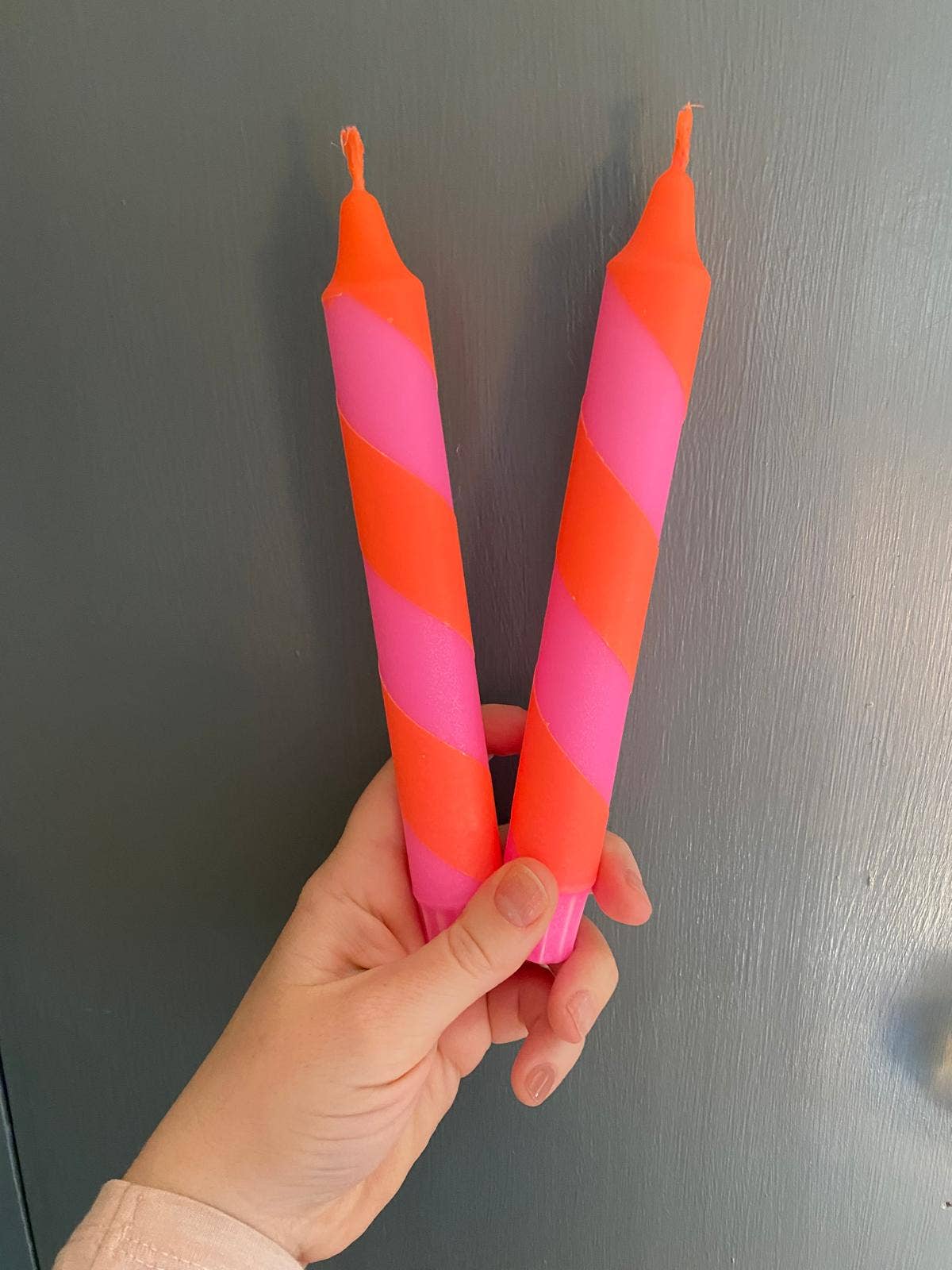 Neon Orange & Pink Spiral Twist Hand Dipped Dinner Candles