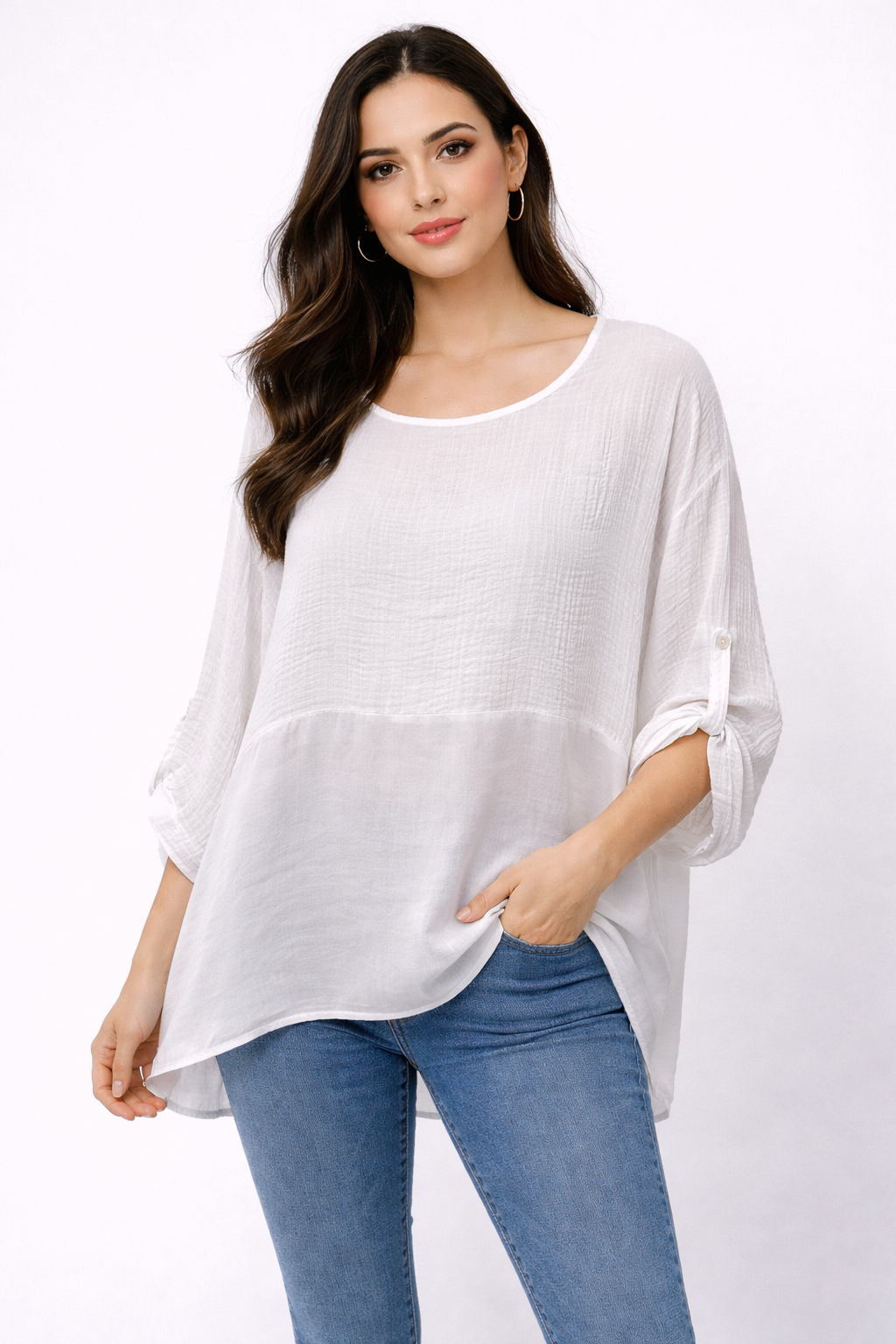 Waffle Texture Top with Satin Panel and Roll-Up Sleeves