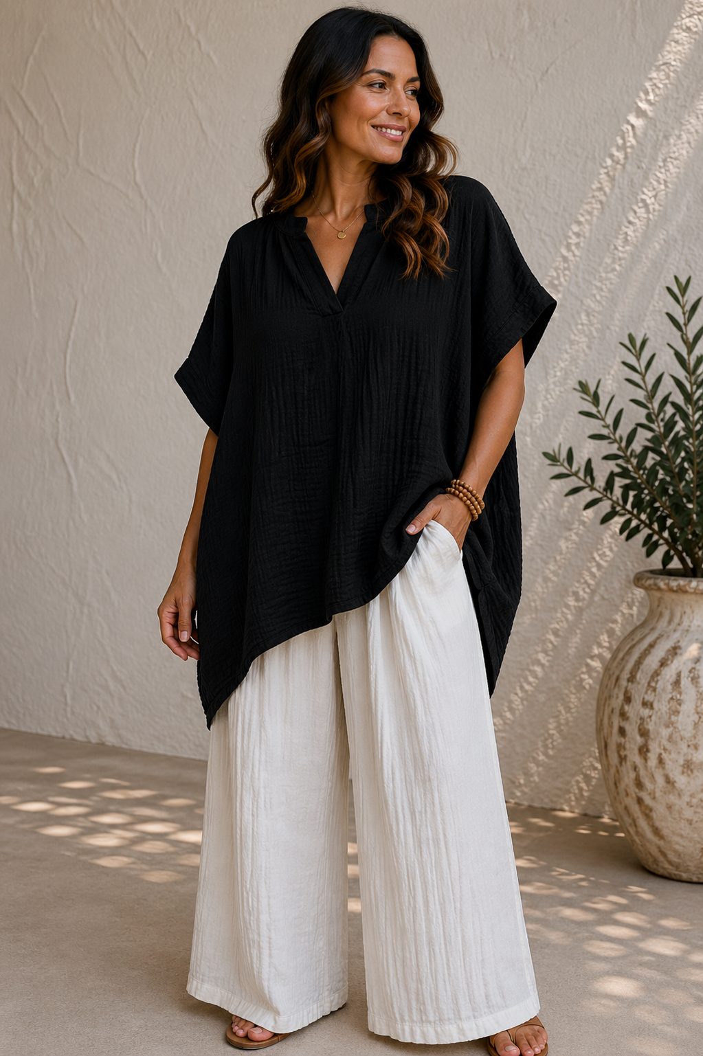 Crinkle Cotton V-Neck Relaxed Oversized Top
