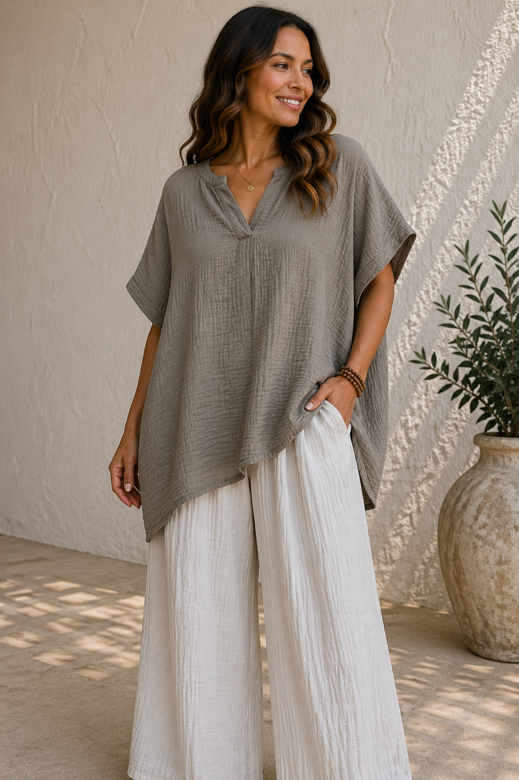 Crinkle Cotton V-Neck Relaxed Oversized Top
