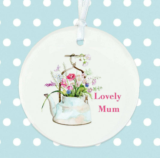 Hanging Ceramic Decoration – Floral Ornament With Glossy Finish & Satin Ribbon