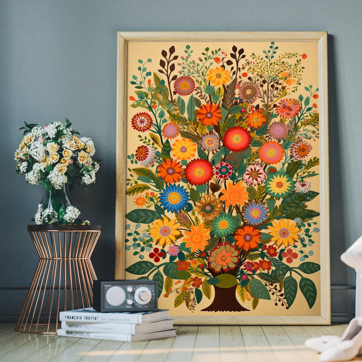 Folk Art Style Flowers Light Print