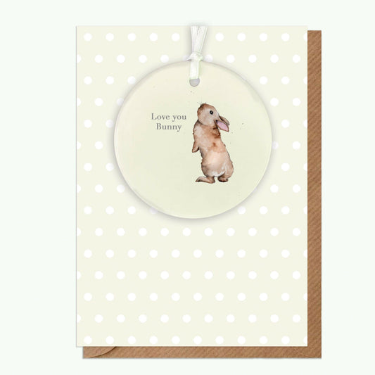Ceramic Keepsake Decoration – Bunny Love Card Gift with Ribbon & Luxury Greeting