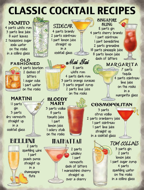 Classic Cocktails Metal Sign 20cm