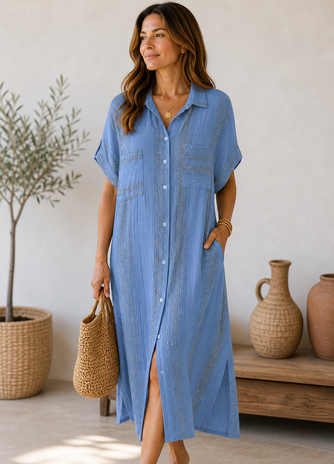 Lurex Threaded Striped Shirt Dress