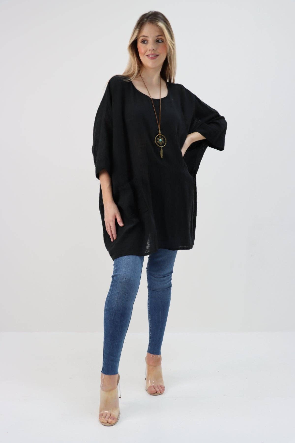 Italian Plain Cotton Necklace Batwing Boxy Top
