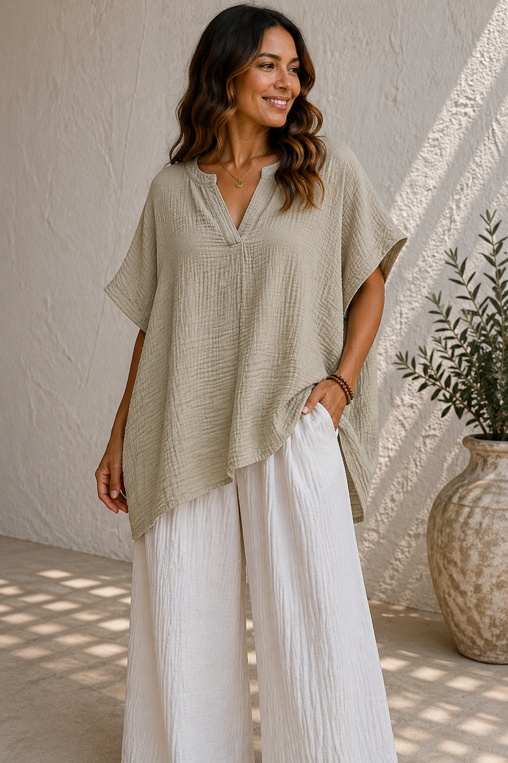 Crinkle Cotton V-Neck Relaxed Oversized Top