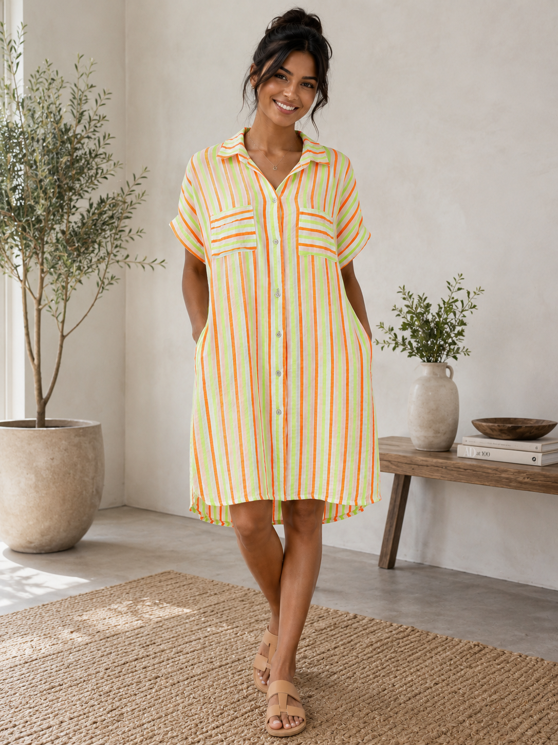 Neon Stripe Linen Blend Shirt Dress