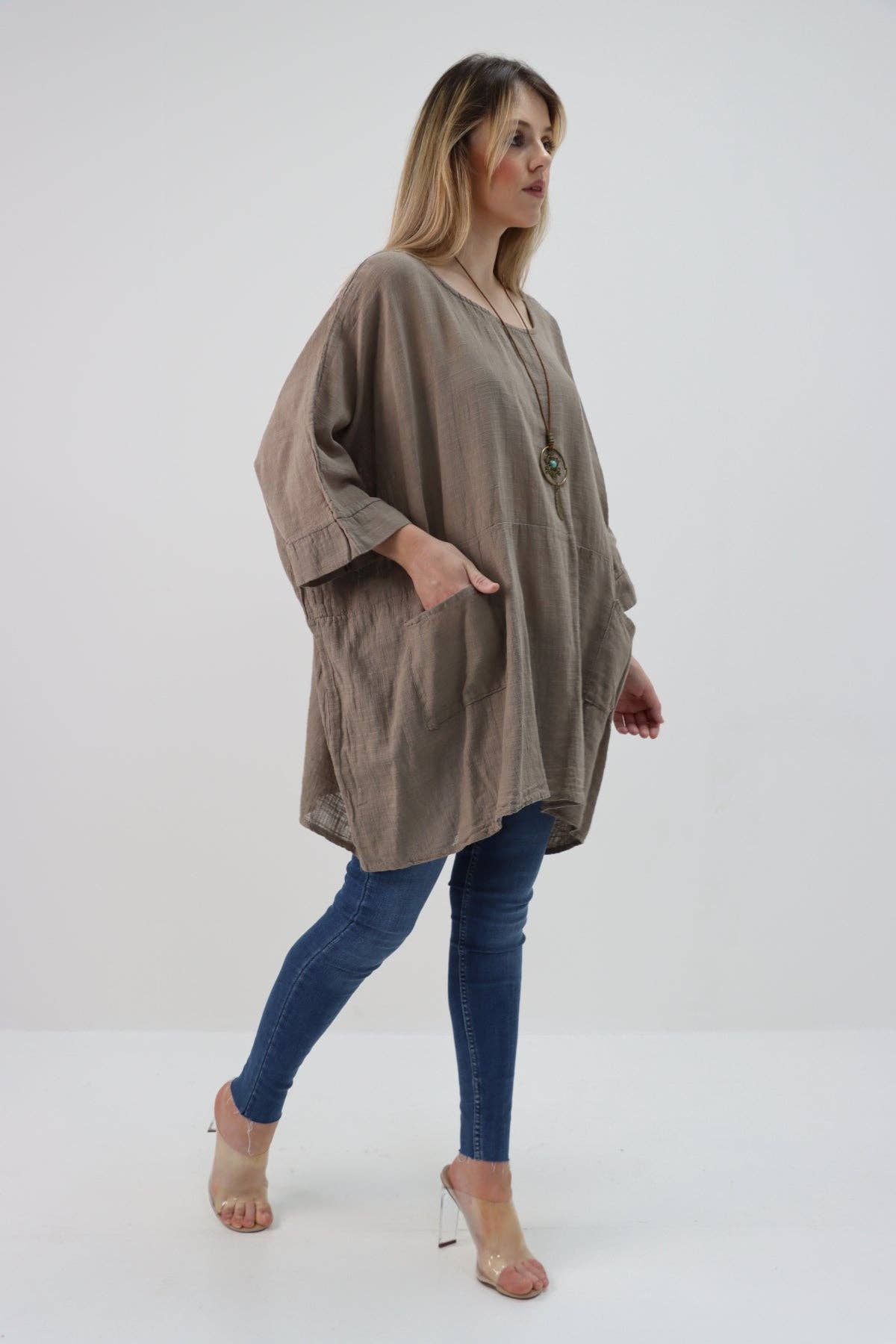 Italian Plain Cotton Necklace Batwing Boxy Top