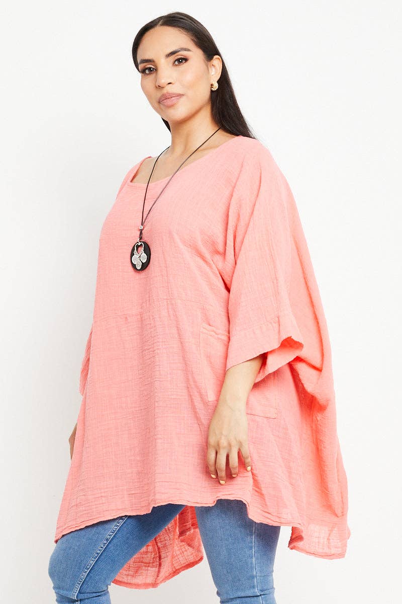 Italian Plain Cotton Necklace Batwing Boxy Top
