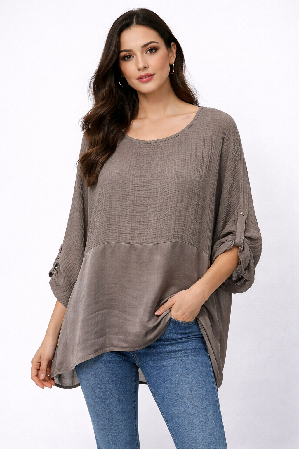 Waffle Texture Top with Satin Panel and Roll-Up Sleeves