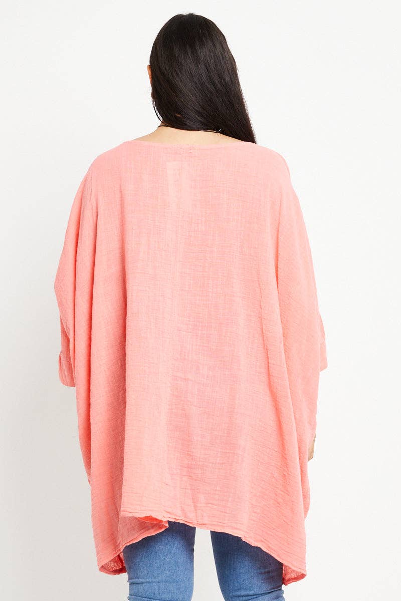 Italian Plain Cotton Necklace Batwing Boxy Top