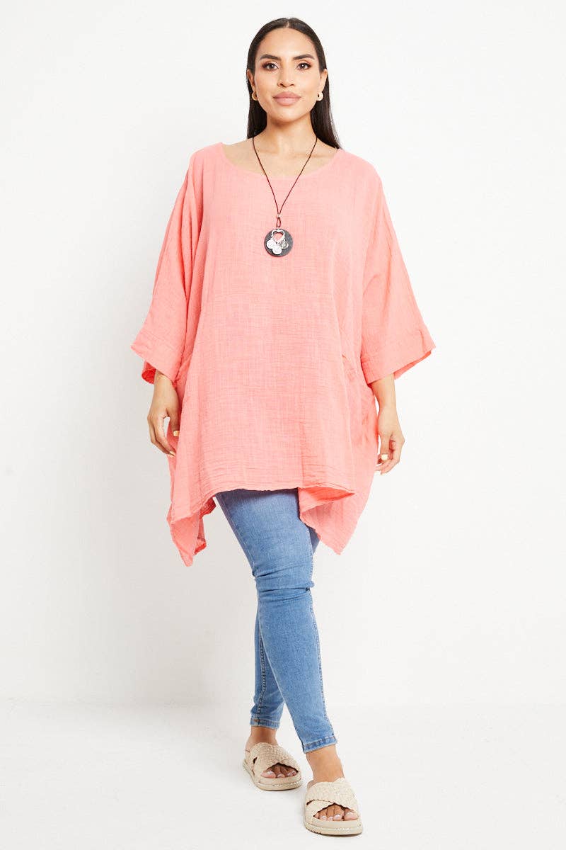 Italian Plain Cotton Necklace Batwing Boxy Top