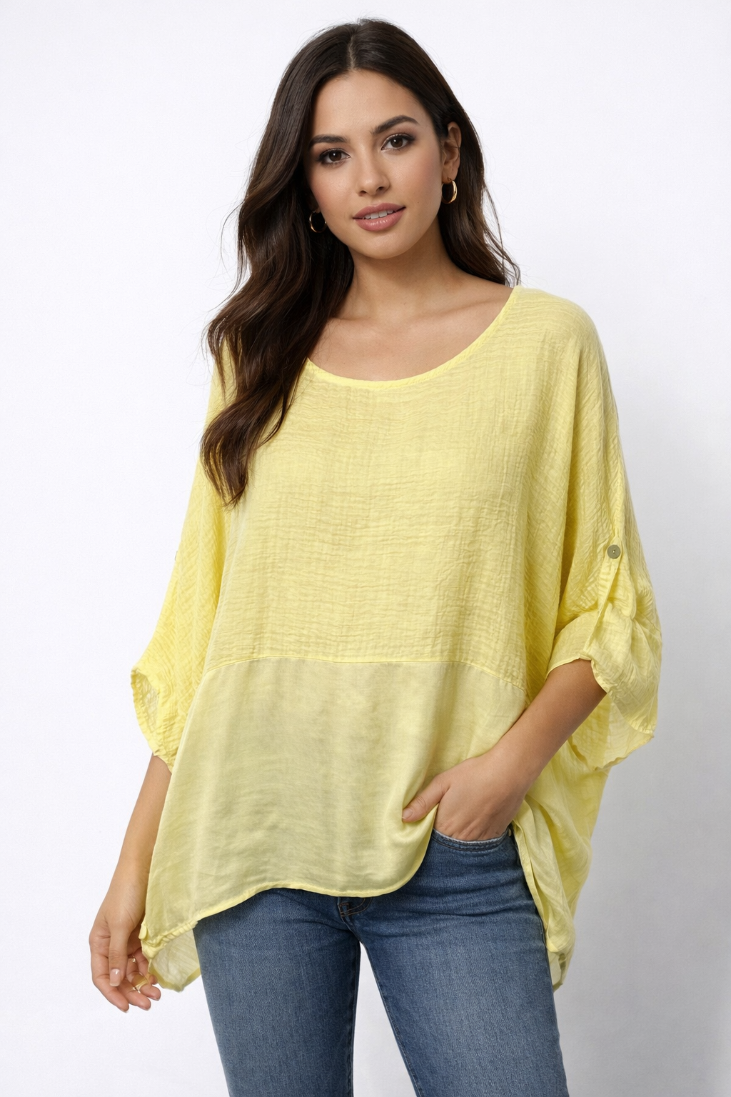 Waffle Texture Top with Satin Panel and Roll-Up Sleeves