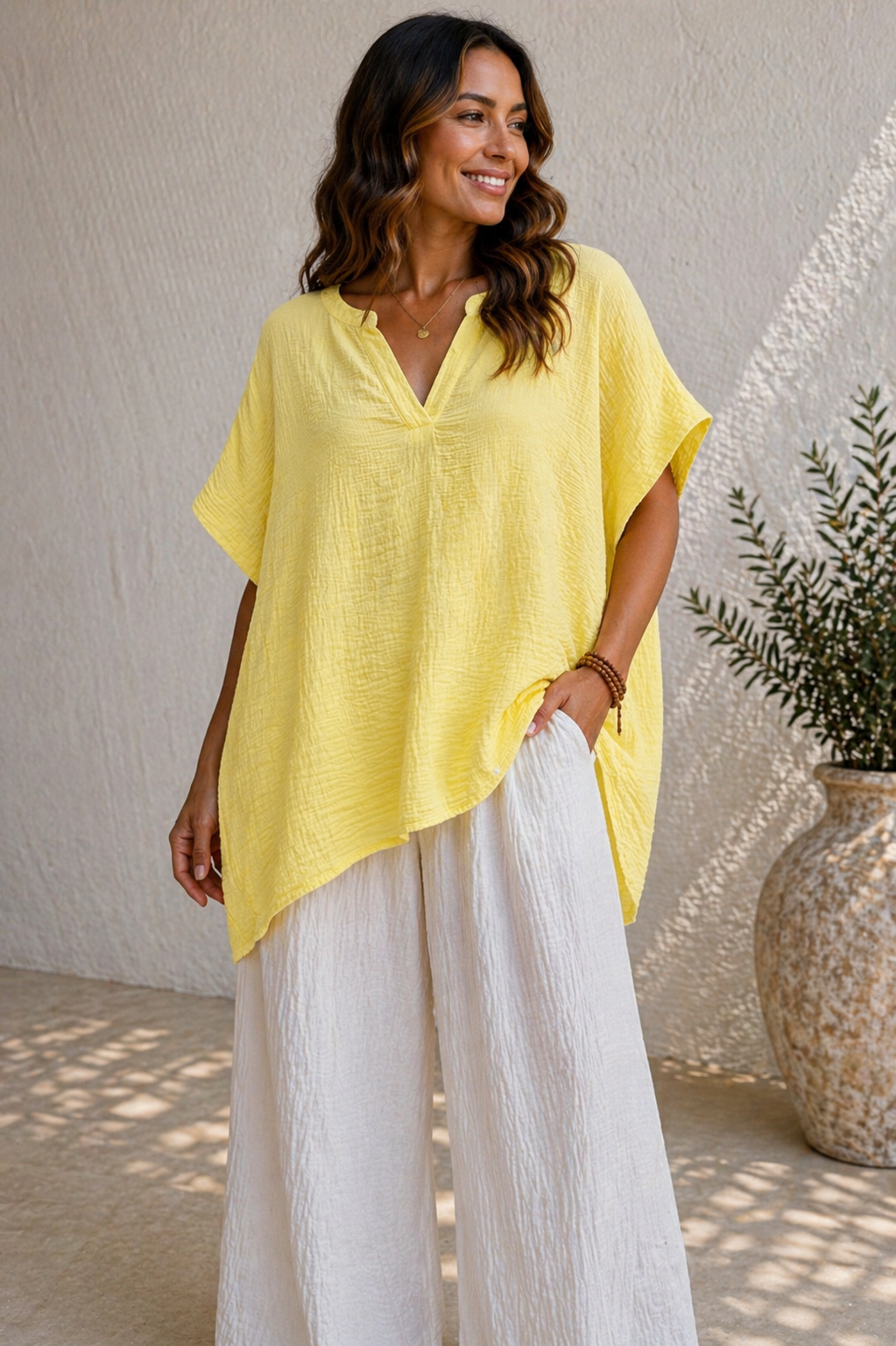 Crinkle Cotton V-Neck Relaxed Oversized Top