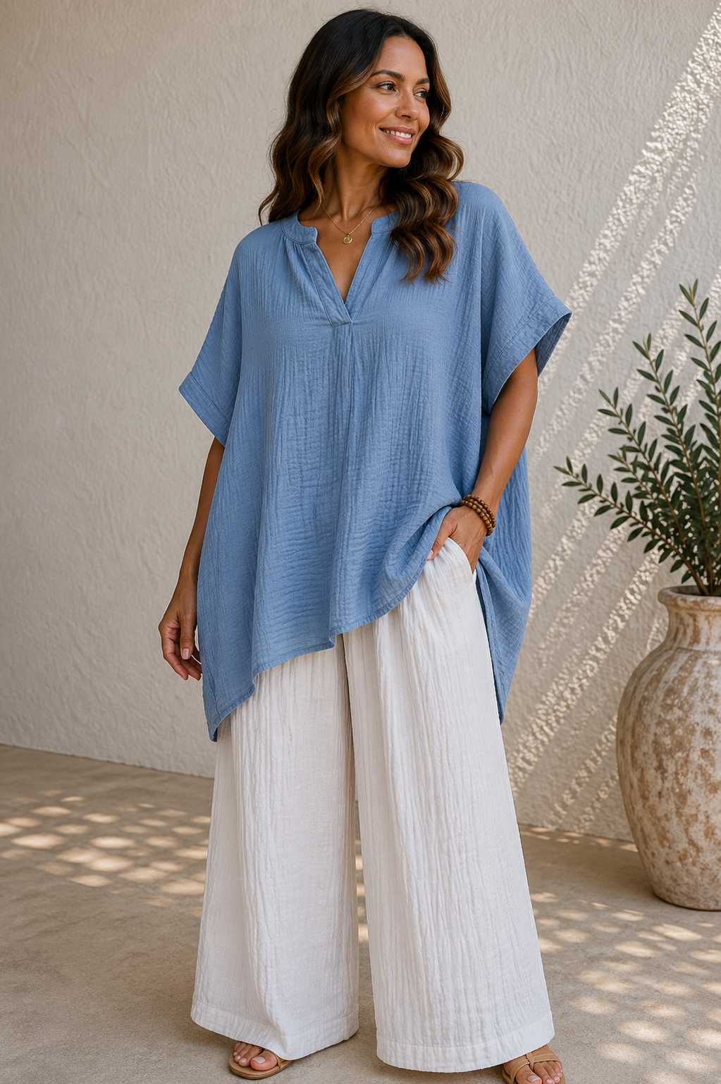 Crinkle Cotton V-Neck Relaxed Oversized Top