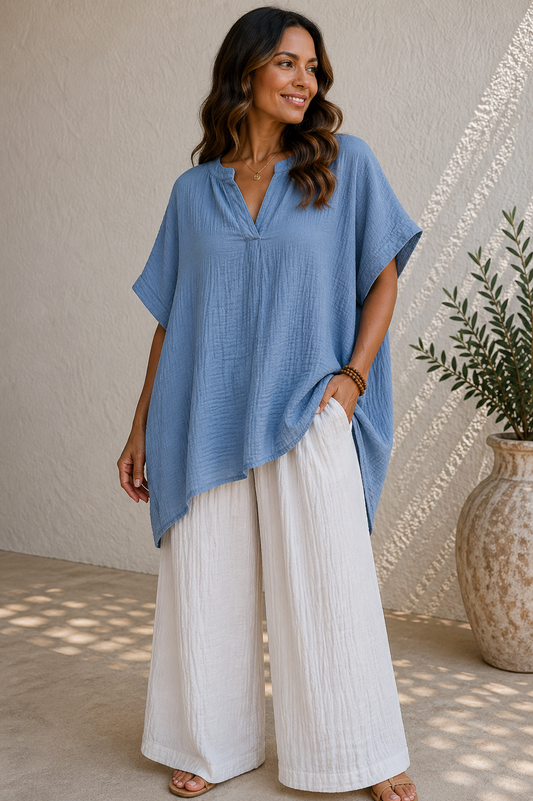 Crinkle Cotton V-Neck Relaxed Oversized Top