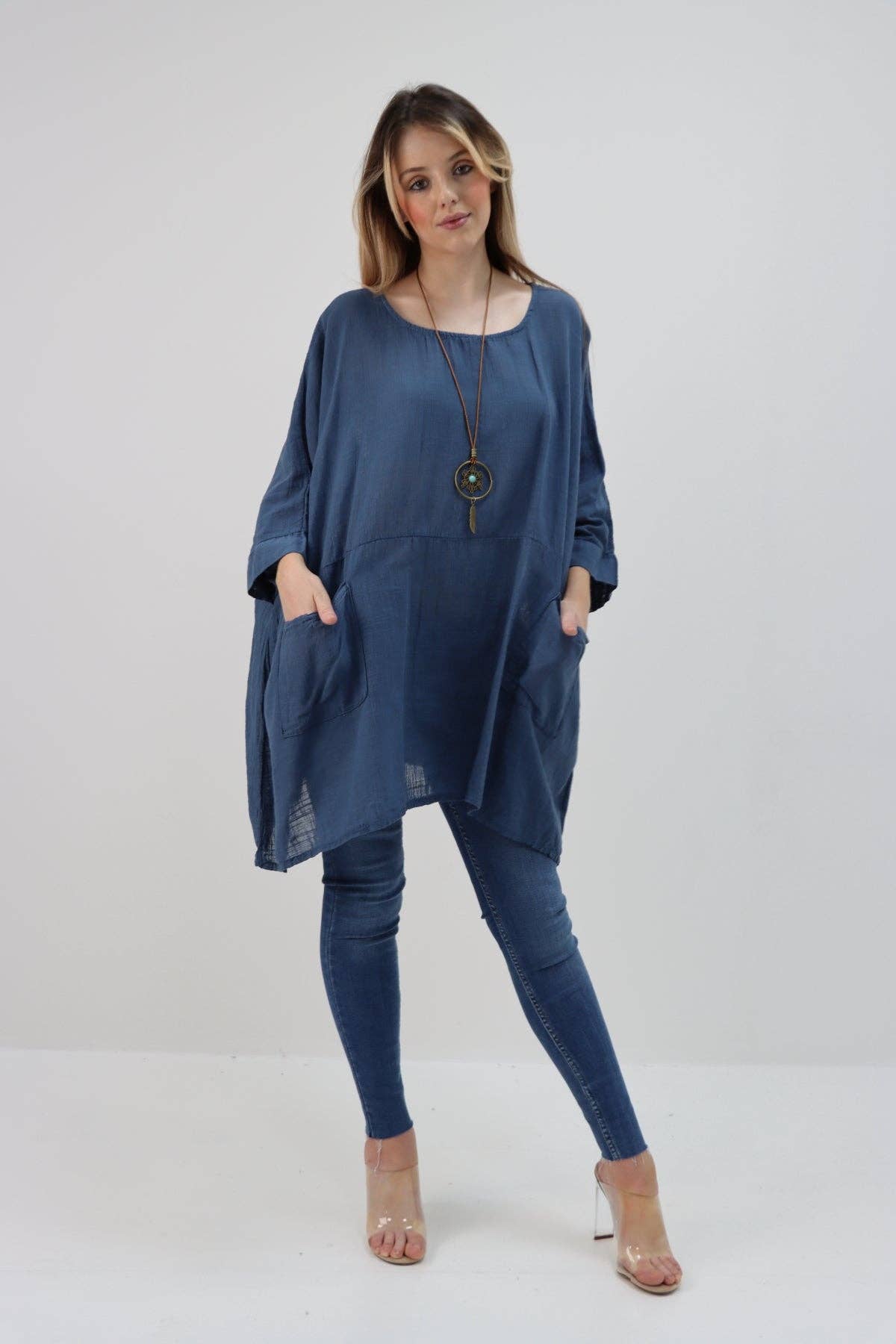 Italian Plain Cotton Necklace Batwing Boxy Top