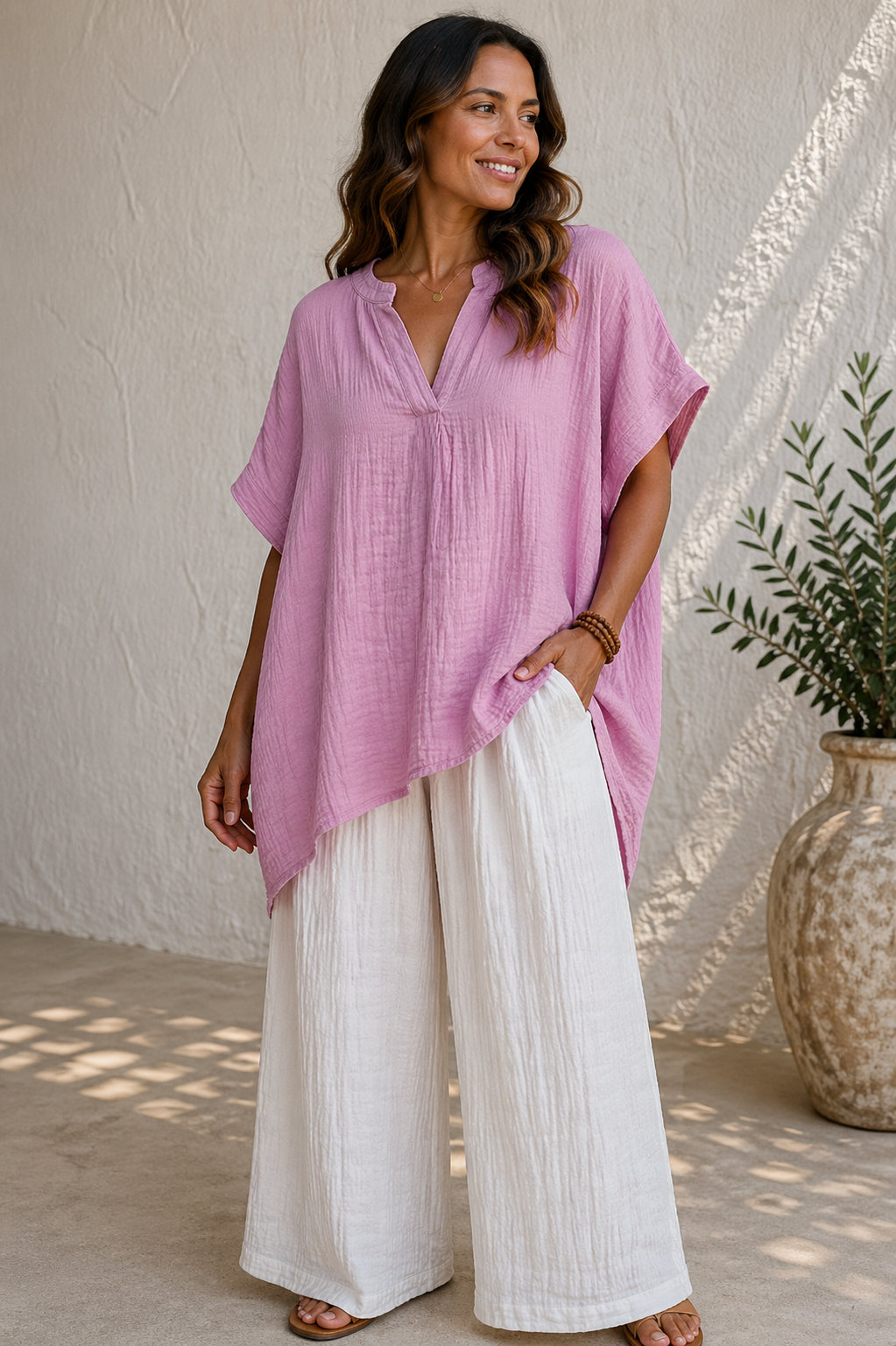 Crinkle Cotton V-Neck Relaxed Oversized Top
