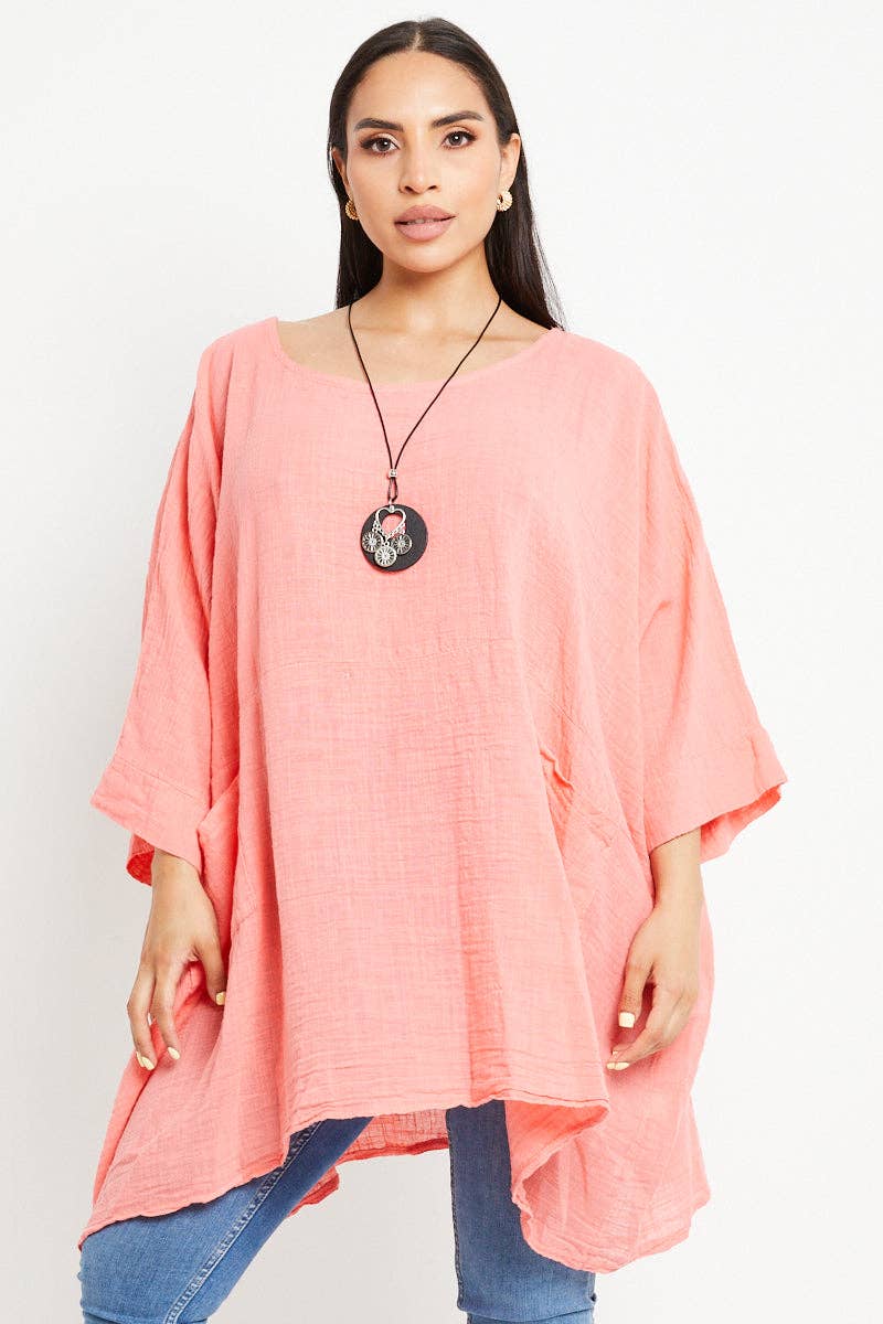 Italian Plain Cotton Necklace Batwing Boxy Top