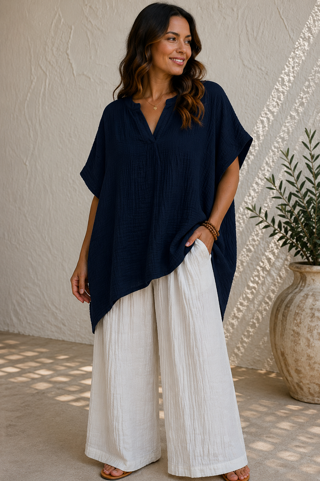 Crinkle Cotton V-Neck Relaxed Oversized Top
