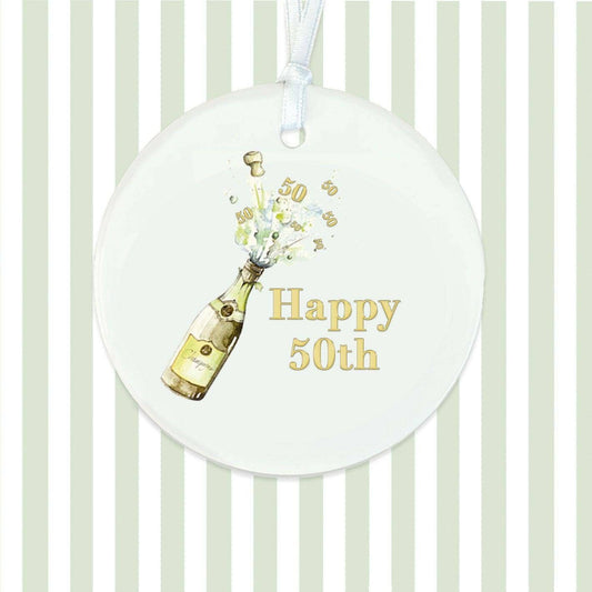 Hanging Ceramic Decoration – 50th Birthday Keepsake with Satin Ribbon & Organza Bag