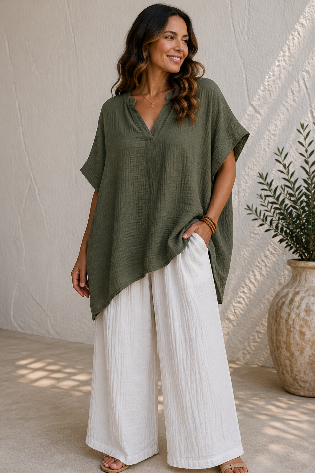 Crinkle Cotton V-Neck Relaxed Oversized Top