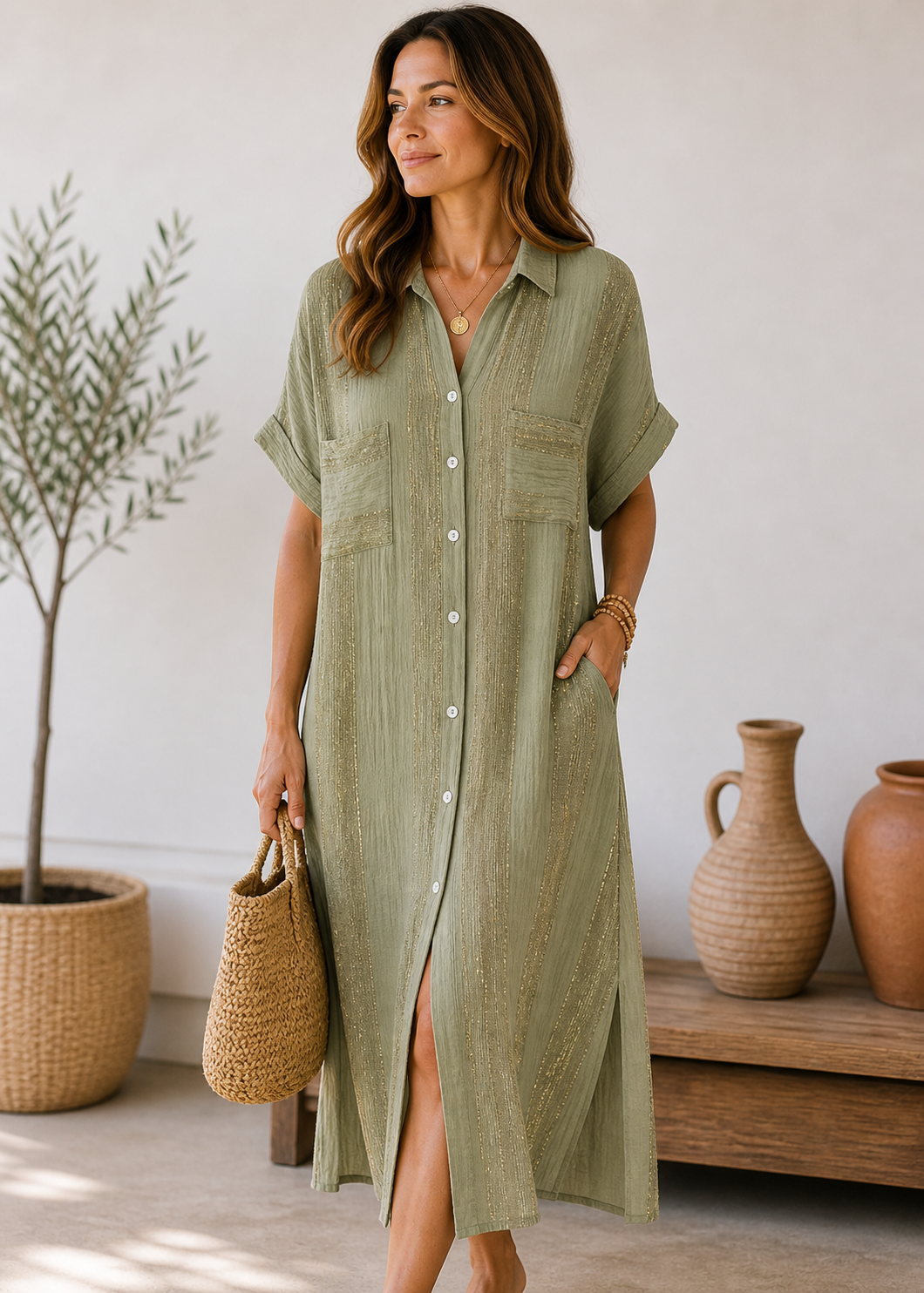 Lurex Threaded Striped Shirt Dress