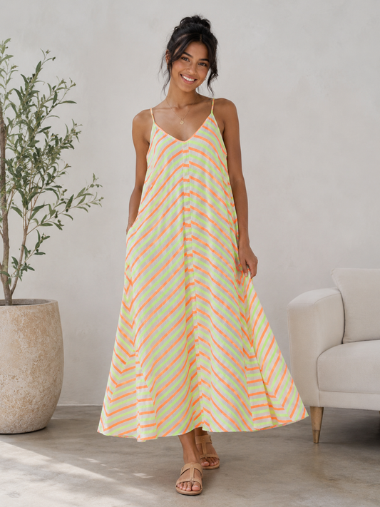 Neon Stripe Linen Blend Maxi Dress