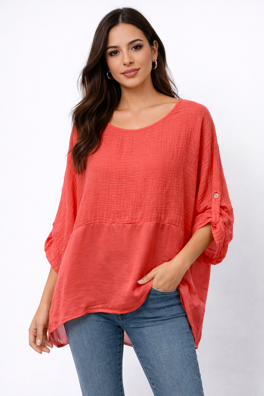 Waffle Texture Top with Satin Panel and Roll-Up Sleeves
