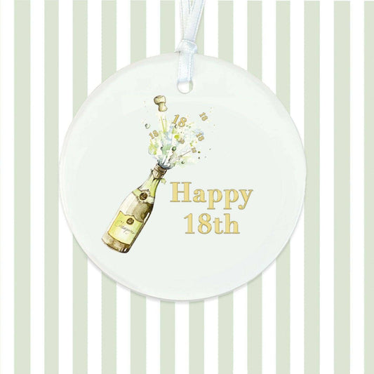Ceramic Keepsake Ornament – Champagne 18th Birthday Gift Decoration with Satin Ribbon