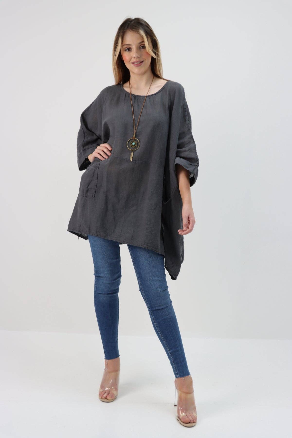 Italian Plain Cotton Necklace Batwing Boxy Top