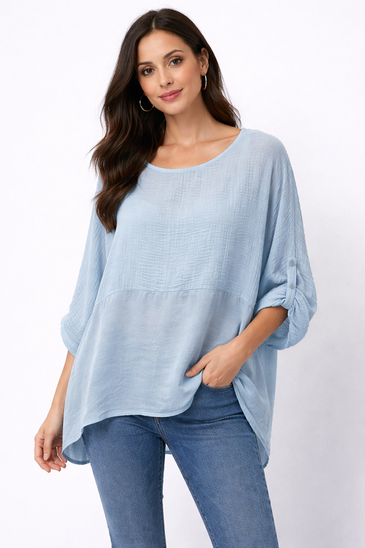 Waffle Texture Top with Satin Panel and Roll-Up Sleeves