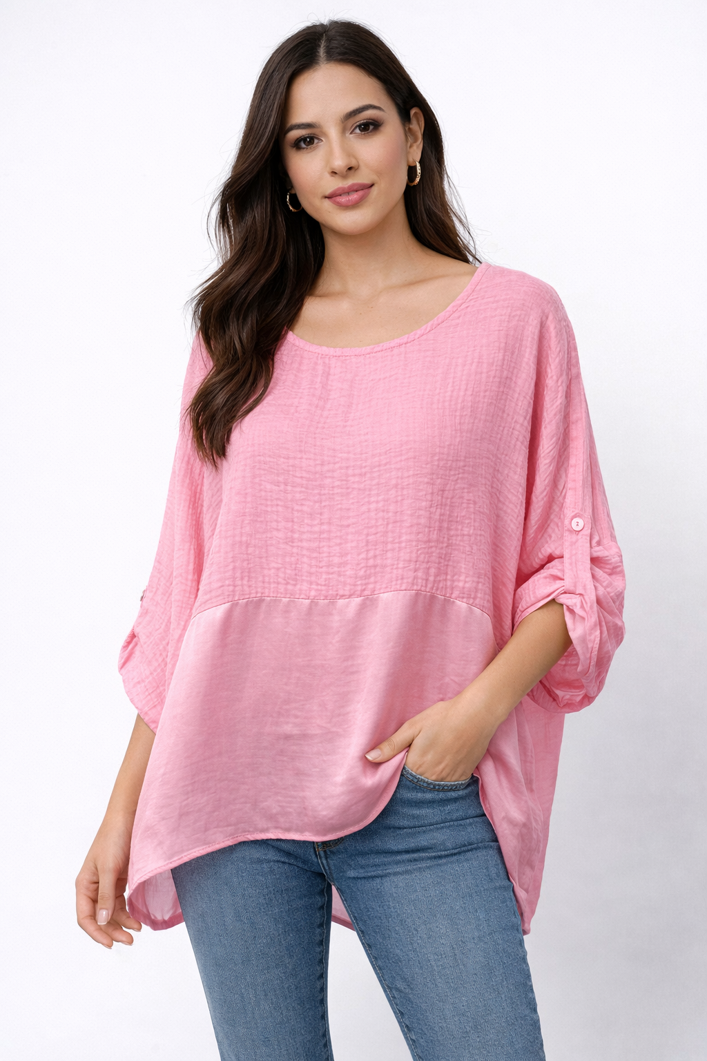 Waffle Texture Top with Satin Panel and Roll-Up Sleeves