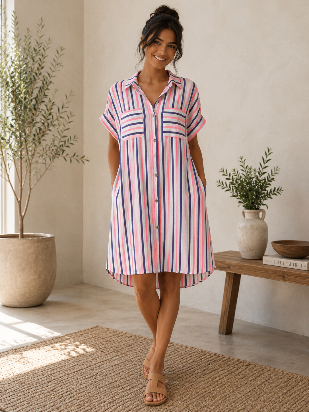 Neon Stripe Linen Blend Shirt Dress