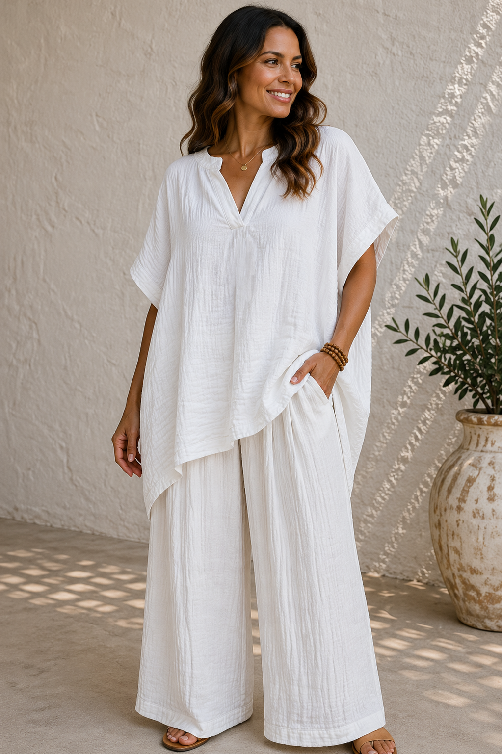 Crinkle Cotton V-Neck Relaxed Oversized Top