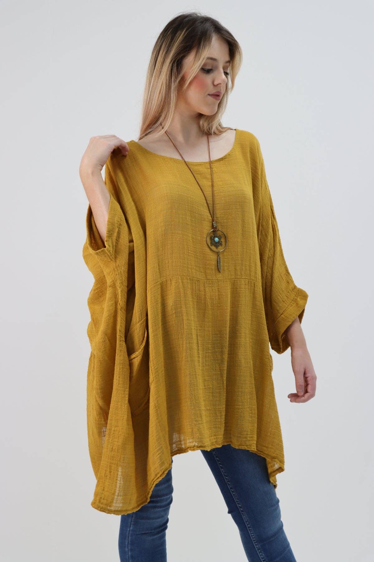 Italian Plain Cotton Necklace Batwing Boxy Top