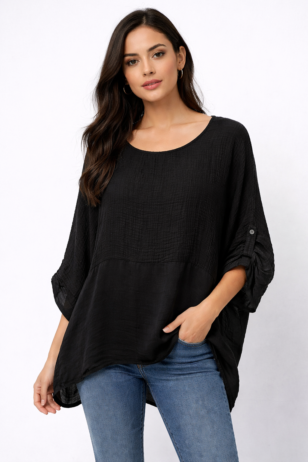 Waffle Texture Top with Satin Panel and Roll-Up Sleeves