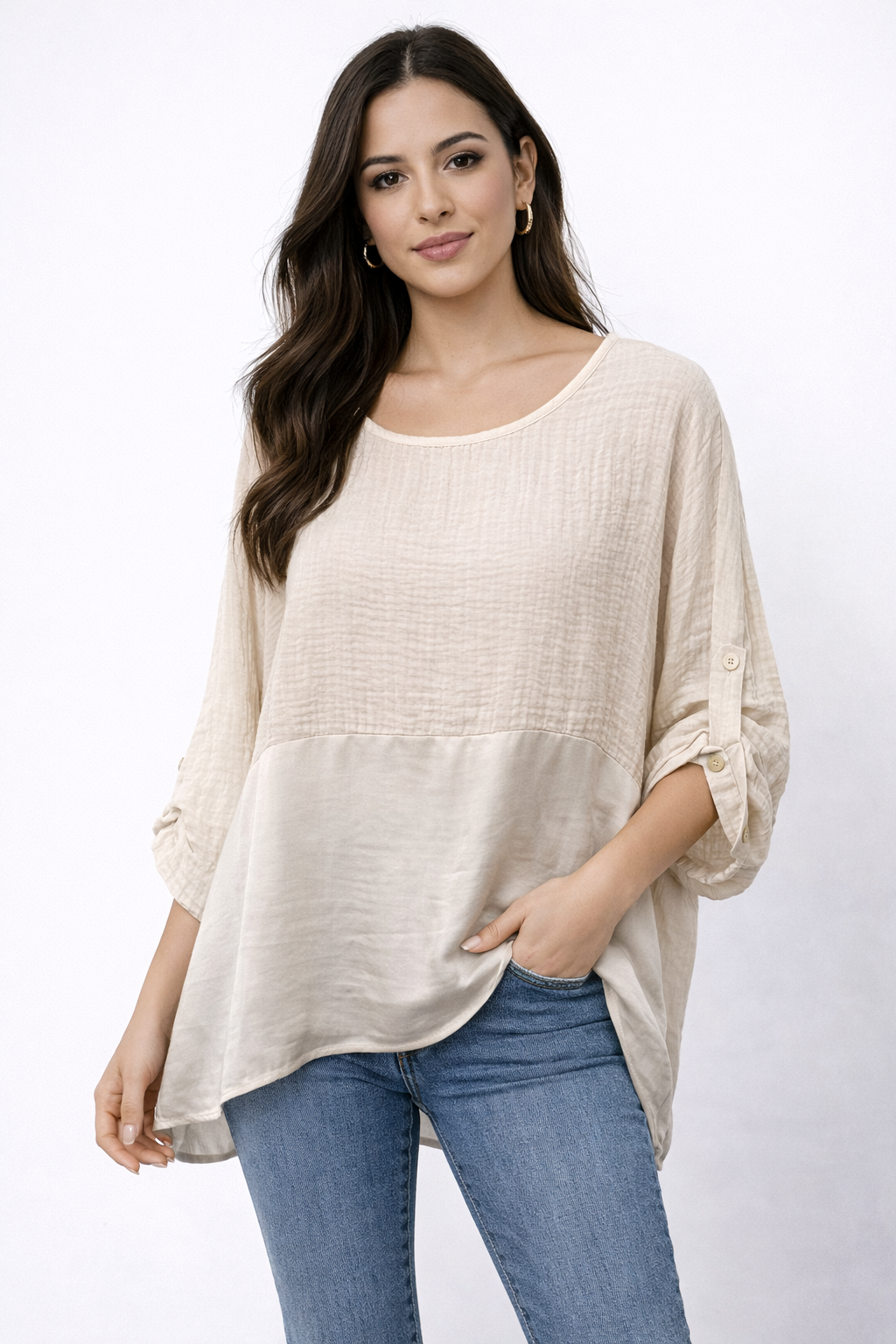 Waffle Texture Top with Satin Panel and Roll-Up Sleeves
