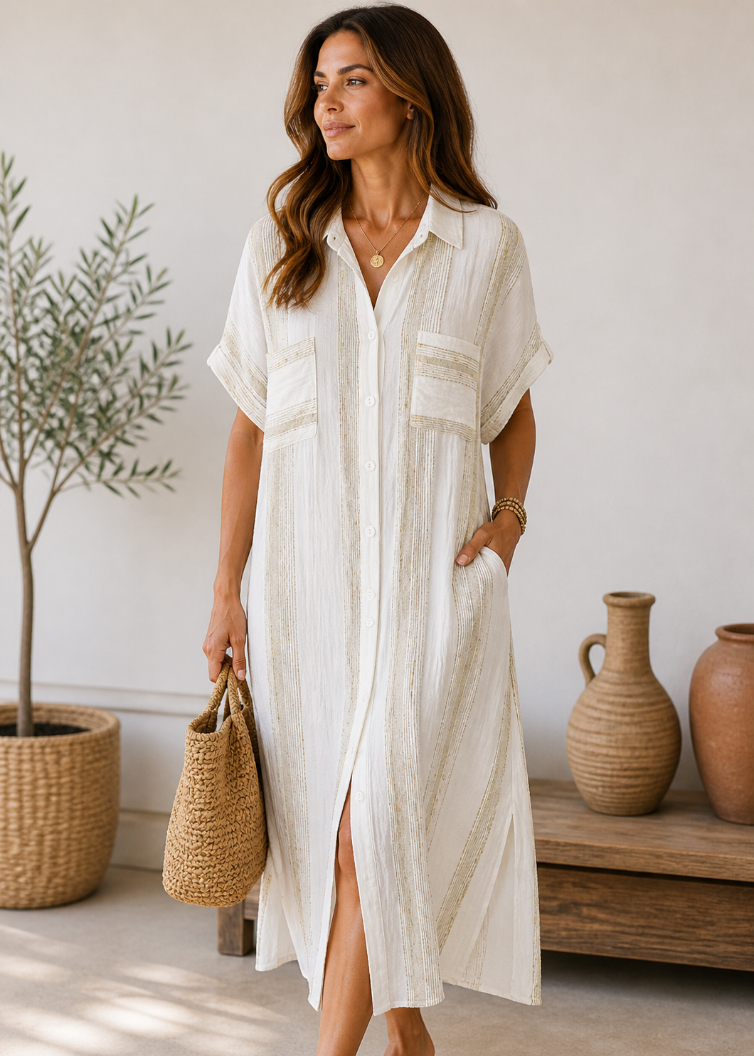 Lurex Threaded Striped Shirt Dress