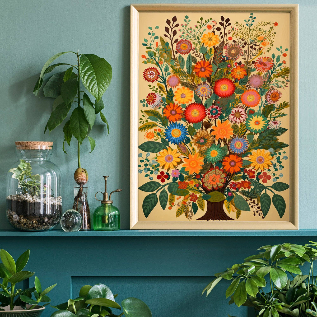 Folk Art Style Flowers Light Print