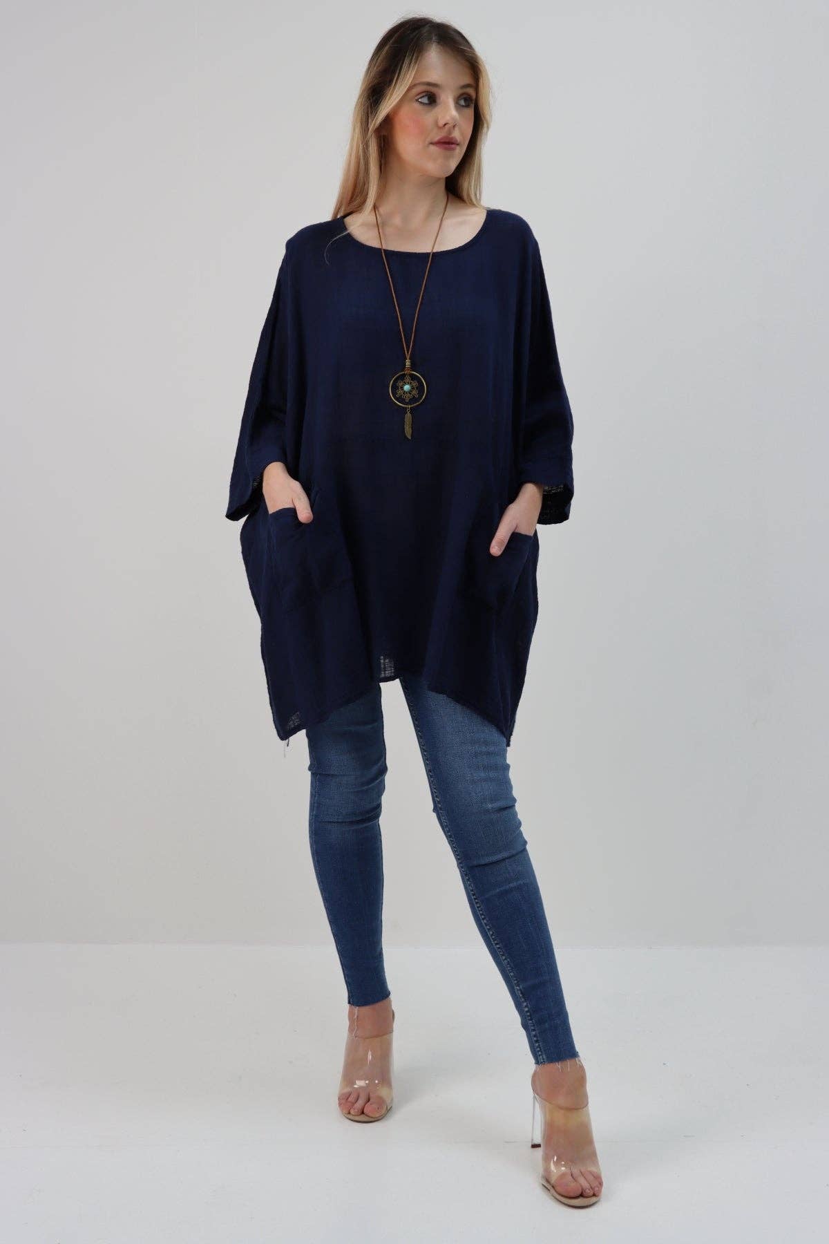Italian Plain Cotton Necklace Batwing Boxy Top