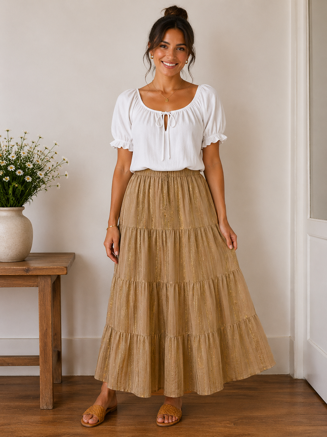 Lurex Threaded Tiered Maxi Skirt