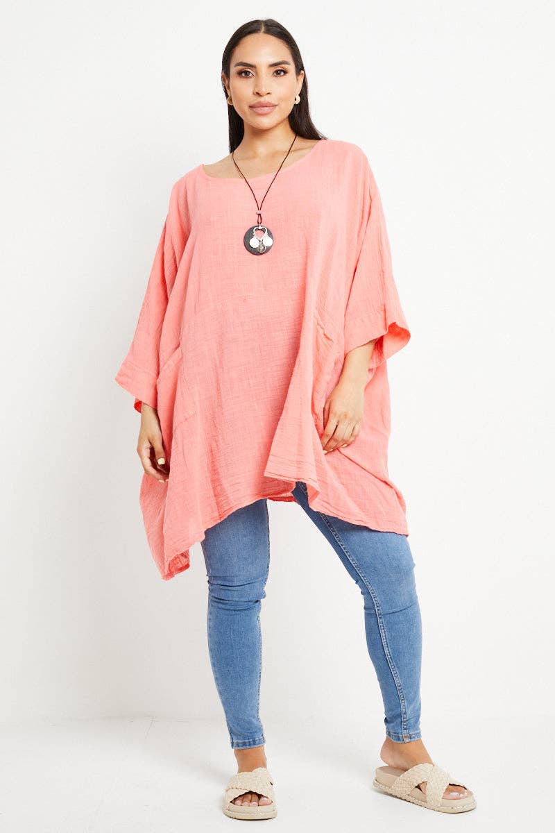 Italian Plain Cotton Necklace Batwing Boxy Top