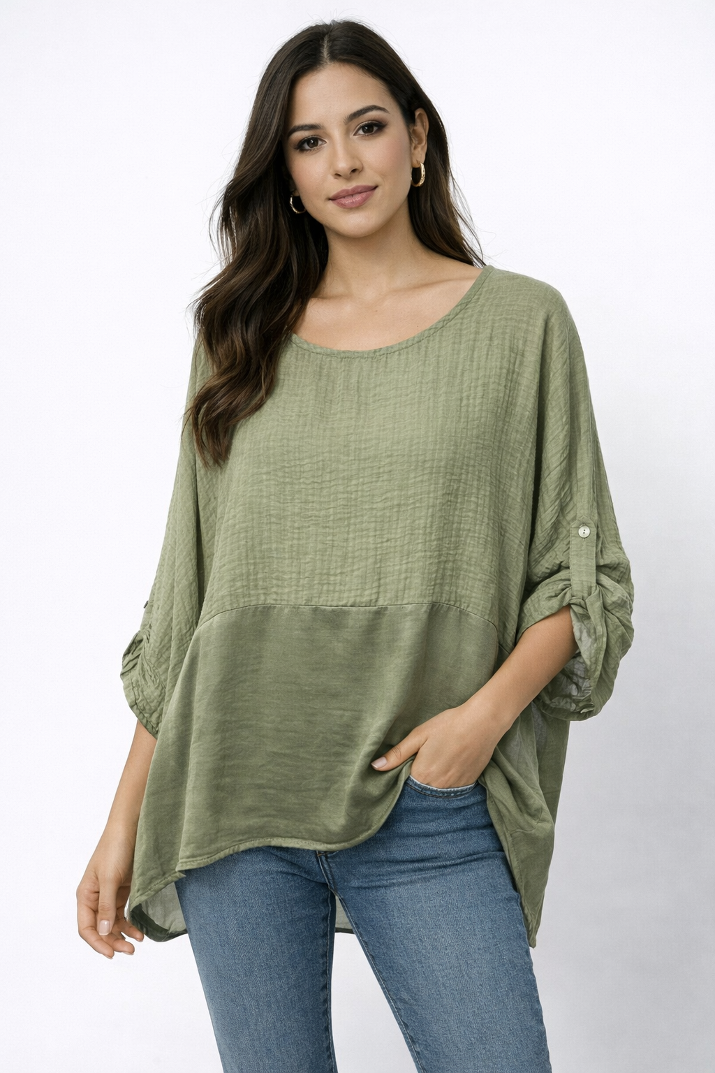 Waffle Texture Top with Satin Panel and Roll-Up Sleeves